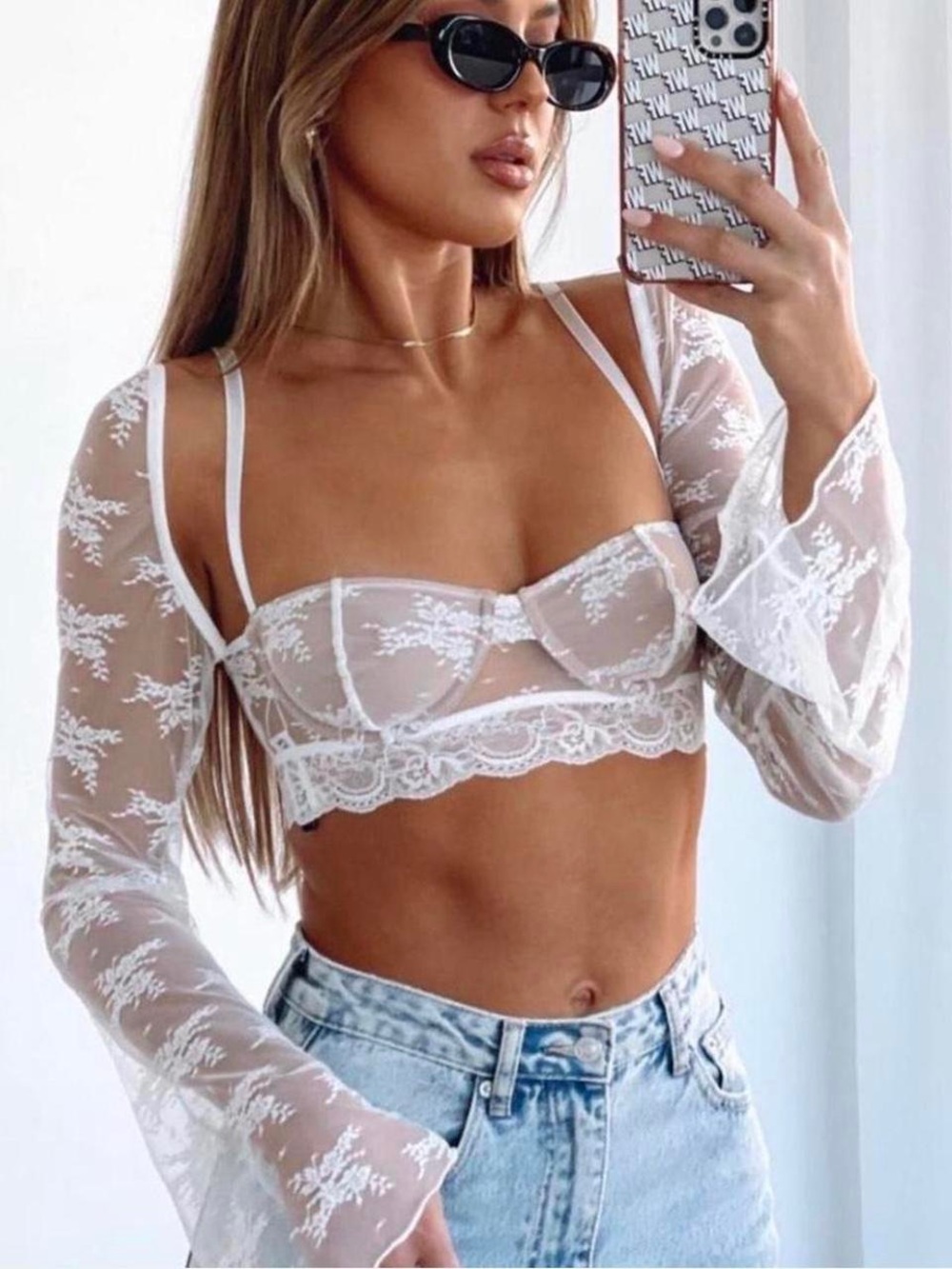 Sheer Lace Long-Sleeve Bralette Crop Top in White